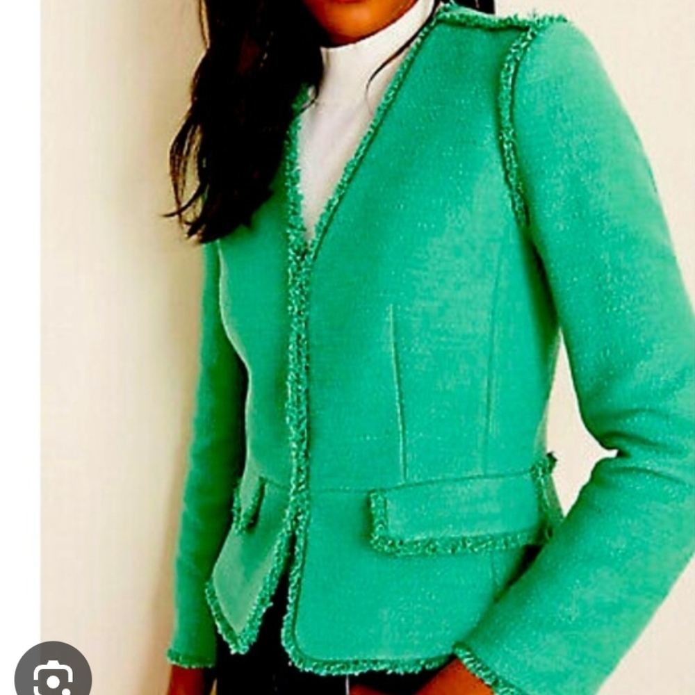 Ann Taylor Green Bouclé Fringed Open Blazer